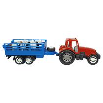 Trator Fazenda Plástico Carga Com Bois 32Cm - Vermelho Azul