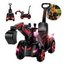 Trator Retroescavadeira Elétrica Infantil Futurista Vermelha Com Luz Som E Movimento Diversão Educativa E Criativa Para Crianças Com Empurrador Manual