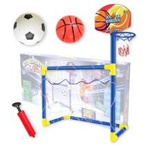 Trave Futebol Golzinho E Cesta Basquete Infantil 2x1 Com 2 Bolas Mini Gol Com Bomba Dia Das Crianças Com Rede Meninos Filhos Desmontavel - Zein