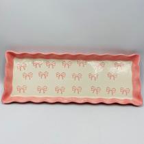 Travessa Bandeja Cerâmica Laço Rosa 37,5x14,5cm