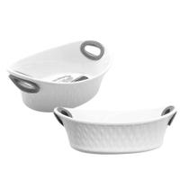 Travessa Cerâmica Oval Alça Silicone Resistente Cinza 16cm