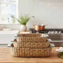 Travessa e Assadeira Refratárias Vidro com Suporte de Rattan 3un Basic