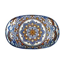 Travessa Oval Cerâmica Estampada Mandala Azul e Laranja 24cm