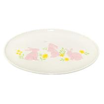 Travessa oval coelhos rosa em relevo porcelana 35,5x25,5cm