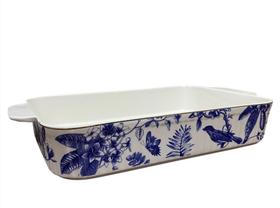 Travessa Refratária Retangular Floral M Azul/Branco 31x19cm