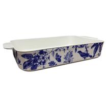 Travessa Refratária Retangular Floral P Azul/Branco 25x15cm