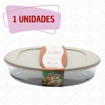 Travessa Refratária Vidro Oval Com Tampa Silicone 1,6L Doces Travessa Refratária Vidro Oval Com Tampa Silicone 1,6L Doces