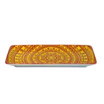 Travessa Retangular Cerâmica Mandala Amarelo e Vermelho 25cm