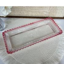Travessa Retangular Coração de Cristal Borda Rosa - 30cm