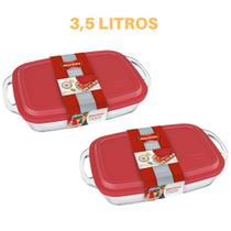 travessa Retangular Seletta Vidro C Tampa 3,5L Marinex - 2Un