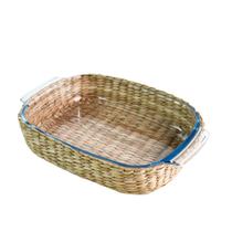 Travessa Retangular Vimini Vidro e Revestimento Rattan 34x22x7cm