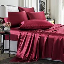 TREELY 6 Peças de Cetim Queen Size Silky Smooth Burgundy Satin Sheet Set com bolso profundo, folha de cetim, folha plana, 4 fronha de cetim