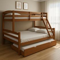Treliche Casal De Madeira Com Cama Auxiliar De Solteiro castanho carvalho