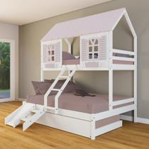 Treliche Casal/ Solteiro Casinha Bela com Kit Escada/Escorregador - Madeira Maciça Branco/Rosa Housin