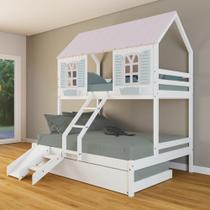 Treliche Casal/ Solteiro Casinha Bela Com Kit Escada/escorregador - Madeira Maciça Branco/rosa/verde Housin