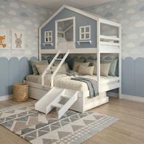 Treliche Casal/ Solteiro Casinha dos Sonhos com Escada/ Escorregador Madeira Maciça Branco/ Azul Housin Treliche Casal/ Solteiro Casinha dos Sonhos com Escada/ Escorregador Madeira Maciça Branco/ Azul Housin