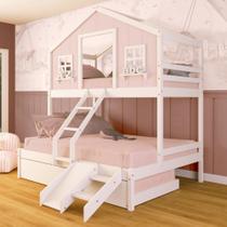 Treliche Casal/ Solteiro Casinha dos Sonhos Kit Escada/ Escorregador Madeira Maciça Rosa/Branco Megamobilia