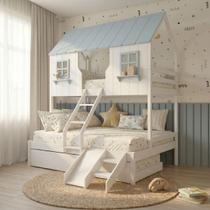 Treliche Casal/ Solteiro Casinha Encantada com Kit Escada/ Escorregador Madeira Maciça Branco/ Azul Housin Treliche Casal/ Solteiro Casinha Encantada com Kit Escada/ Escorregador Madeira Maciça Branco/ Azul Housin