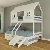 Treliche Casal/ Solteiro Casinha Encantada com Kit Escada/ Escorregador Madeira Maciça Branco Housin