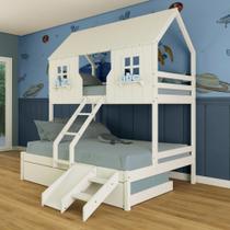 Treliche Casal/ Solteiro Casinha Encantada com Kit Escada/ Escorregador Madeira Maciça Branco Megamobilia