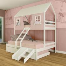 Treliche Casal/ Solteiro Casinha Encantada com Kit Escada/ Escorregador Madeira Maciça Rosa/ Branco Megamobilia