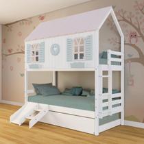 Treliche Casinha Bela com Coração Kit Escada/Escorregador - Madeira Maciça Branco/Rosa/Verde Megamobilia