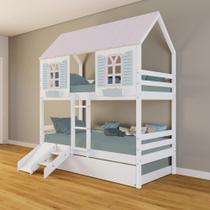 Treliche Casinha Bela Kit Escada/Escorregador - Madeira Maciça Branco/Rosa/Verde Housin