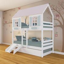 Treliche Casinha Bela Kit Escada/Escorregador - Madeira Maciça Branco/Rosa/Verde Megamobilia