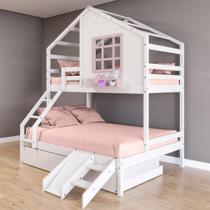 Treliche Casinha Com Janela Casal-Solteiro Com Escada-escorregador Madeira Maciça Branco- Rosa