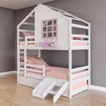 Treliche Casinha com Janela com Escada/ Escorregador e Grade de Proteção Madeira Maciça Branco/ Rosa Housin Treliche Casinha com Janela com Escada/ Escorregador e Grade de Proteção Madeira Maciça Branco/ Rosa Housin