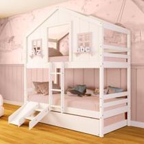 Treliche Casinha dos Sonhos com Kit Escada/ escorregador Madeira Maciça Branco/ Rosa Megamobilia