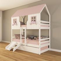 Treliche Casinha Encantada com Kit Escada/ Escorregador Madeira Maciça Branco/ Rosa Housin Treliche Casinha Encantada com Kit Escada/ Escorregador Madeira Maciça Branco/ Rosa Housin