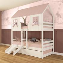 Treliche Casinha Encantada com Kit Escada/ Escorregador Madeira Maciça Branco/ Rosa Megamobilia