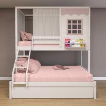 Treliche Casinha Reta Casal/ Solteiro com Cortina Madeira Maciça Branco/ Rosa Housin
