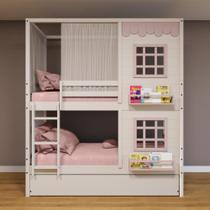 Treliche Casinha Reta com 02 Janelas e Cortina Madeira Maciça Branco/ Rosa Housin
