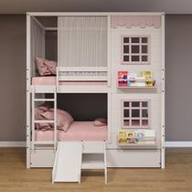 Treliche Casinha Reta com 02 Janelas Escorregador e Cortina Madeira Maciça Branco/ Rosa Housin Treliche Casinha Reta com 02 Janelas Escorregador e Cortina Madeira Maciça Branco/ Rosa Housin