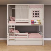 Treliche Casinha Reta com Grade Removível e Cortina Madeira Maciça Branco/ Rosa Housin Treliche Casinha Reta com Grade Removível e Cortina Madeira Maciça Branco/ Rosa Housin