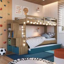 Treliche Infantil com Cama Auxiliar Escada Nichos e Gavetas Laterais Aveiro Oak/Azul Secreto