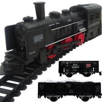 Trem de Brinquedo Locomotiva Que Acende e Faz Barulho Com Pista e 2 Vagões de Carga