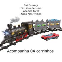 Trem Locomotiva Trenzinho Cargueiro Anda Trilhos Sai Fumaça Farol Sons