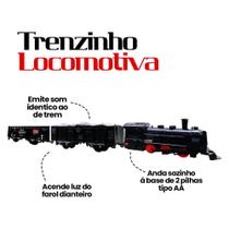 Trenzinho de Brinquedo de Trem Ferroviário Locomotiva Que Acende e Faz Barulho Com Pista e 2 Vagões de Carga a Pílha