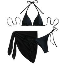 Três peças Sexy Thong Swimsuits Push Up Bikini Female Lacing Swimwear Bikinis Bathing Suit Beachwear Perspective Cover - Preto - M