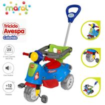 Triciclo De Pedal 2 Em 1 Motoca Infantil Avespa Azul Com Haste e Proteção Suporta 25kg
