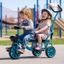 Triciclo Duplo Infantil 2 Lugares com Empurrador Tipo Carrinho Bicicleta Passeio Cesto Campainha e Haste Guia