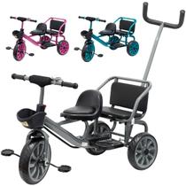 Triciclo Duplo Infantil 2 Lugares com Empurrador Tipo Carrinho Bicicleta Passeio Cesto Campainha e Haste Guia Triciclo Duplo Infantil 2 Lugares com Empurrador Tipo Carrinho Bicicleta Passeio Cesto Campainha e Haste Guia