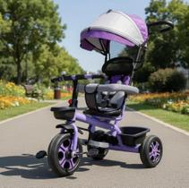 Triciclo Infantil 2x1 com Capota Lilás e Haste para Empurrar