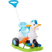 Triciclo Infantil Calesita Poponei com Balanço - 3 em 1 - Pedl e Passeio com Aro - Branco/Azul/Verde