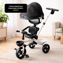 Triciclo Infantil com Empurrador Comfort Menino Menina Bebê Seguro Versátil Prático Branco