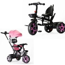 Triciclo Infantil com Haste Empurrador até 50 kg Rodas Passeio Capota Chuva Sol Giratório 2 em 1 Passeio e Pedal Ajustável Multifuncional