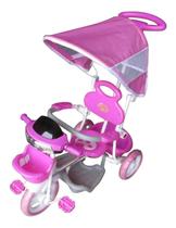 Triciclo Infantil Empurrador com Cobertura Rosa e Faróis